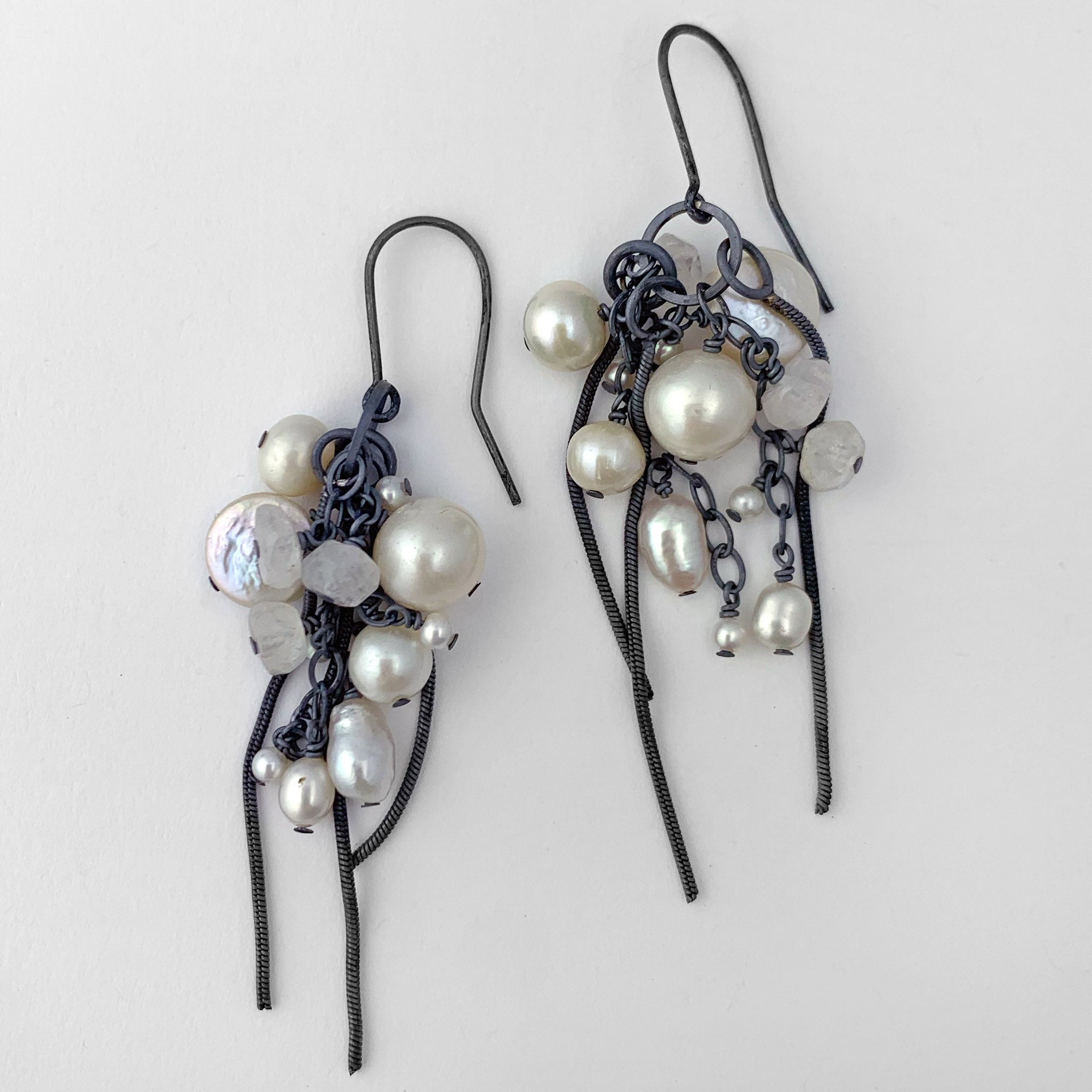 Cluster earrings with pearls and rainbow moonstone